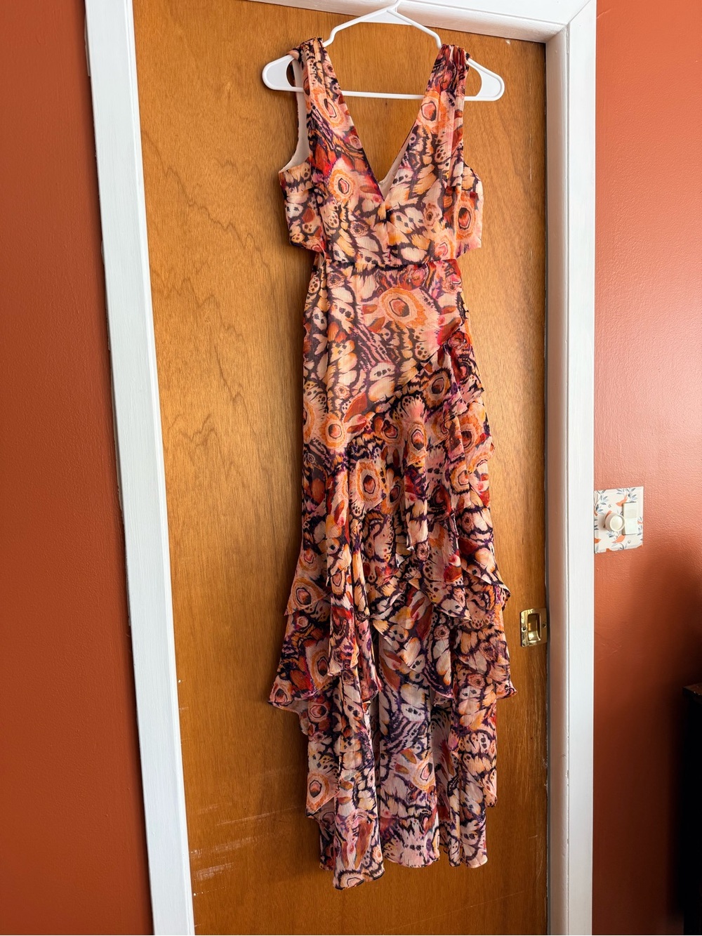 GUESS Leisha Butterfly Aura Ruffle Maxi Dress Cutout Floral